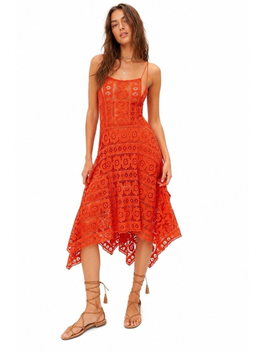 FREE PEOPLE dress sundress crochet orange 8 boho midi summer retro hippie sheer